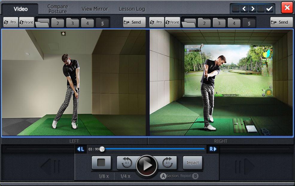 Man swinging a golf club with Golfzon’s Twovision swing replay feature.